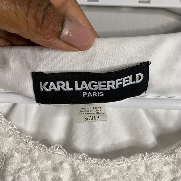 Karl Lagerfeld Paris Women's White Short Sleeve Lace Top - Picture 2 of 4